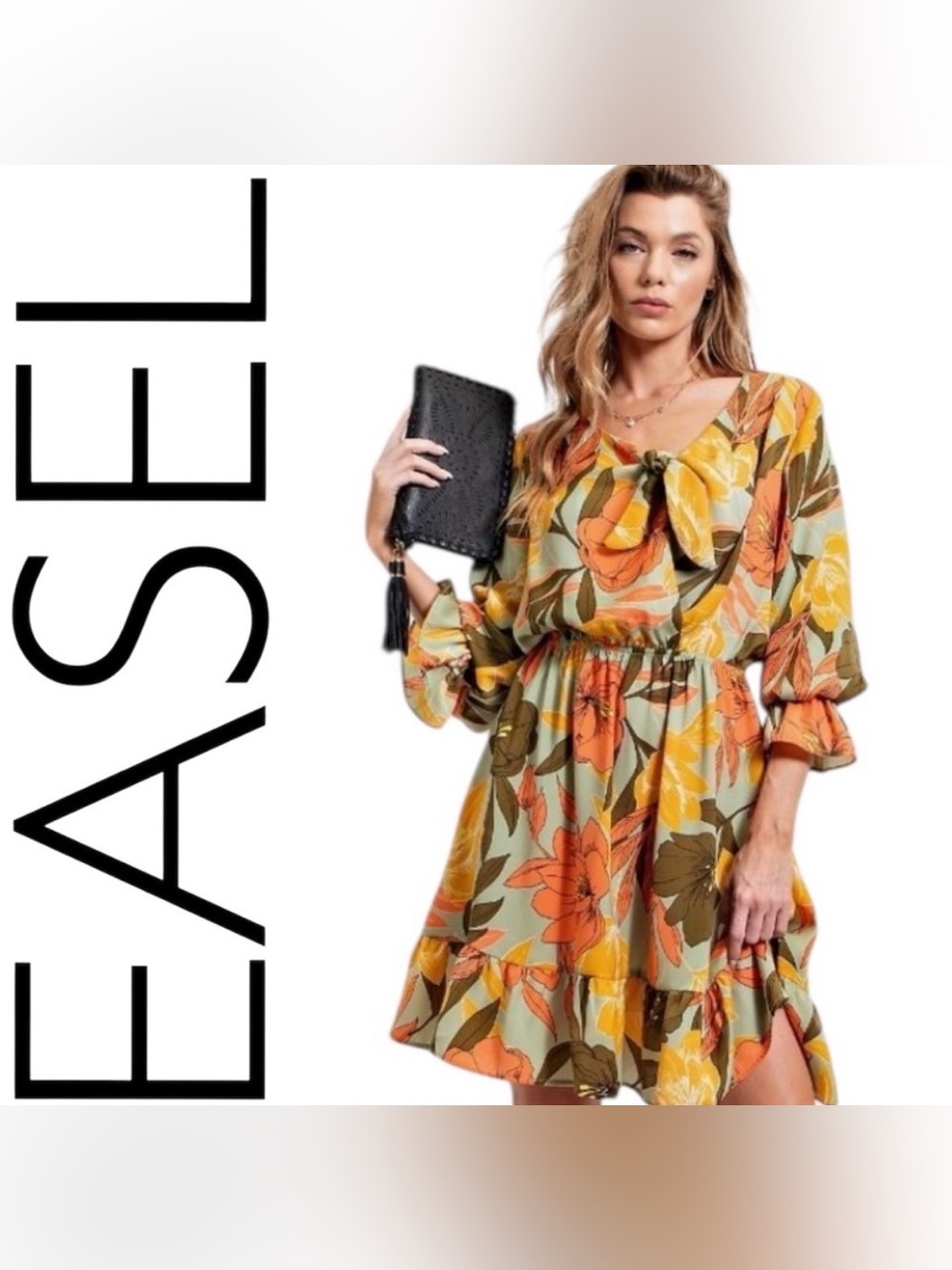 Easel dress NWT Sage green fabric with vibrant orange & yellow floral print